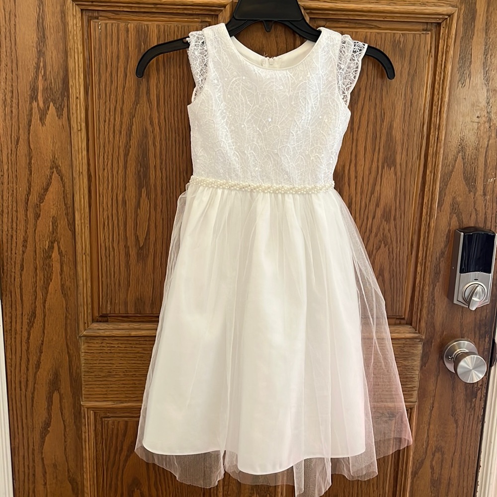 Sweetie Pie white sequin belted, lace top and tulle skirt dress